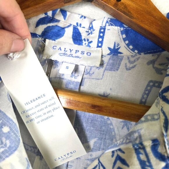 Women's Calyspo Blue and White Graphic Linen Blend Button-Up Shirt Sizs Small - Picture 10 of 11
